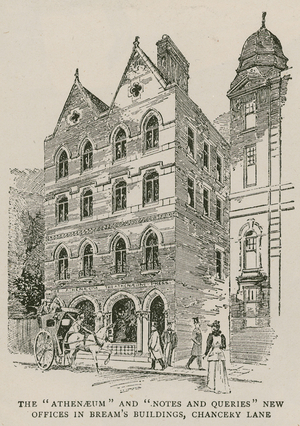 The Athenaeum and Notes and Queries new offices in Bream's Buildings, Chancery Lane, London (engraving)