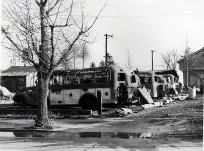 Occupied Japan, 1945 after the surrender.- Bombed out buses at Tachikawa, Japan