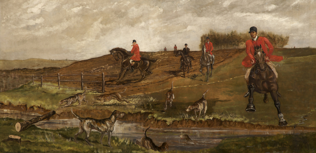Huntsman and Hounds jumping a Stream (oil on canvas)