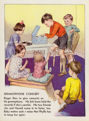 Children entertaining themselves with a gramophone (colour litho)