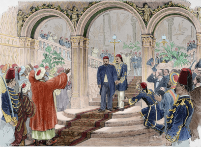 The Khedive of Egypt Ismail Pasha (1830-1895) leaving the Ardine Palace, June 30, 1879. Cairo (coloured engraving)