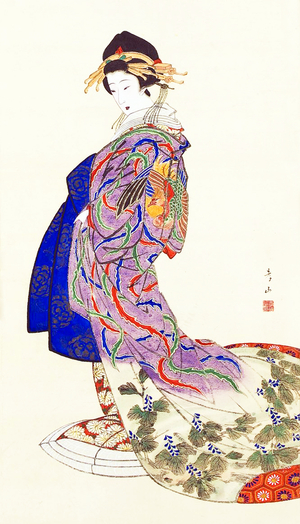 Japan: 'Tayu with a phoenix robe', anonymous 19th century painting