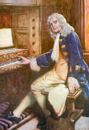 Handel, working out the Hallelujah Chorus (colour litho)