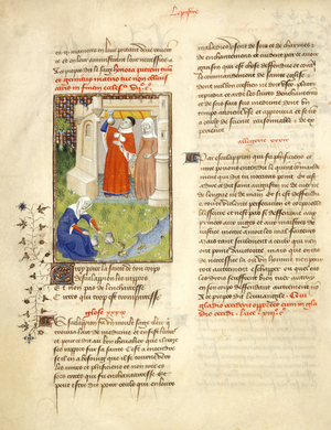 Harley 4431 f.113v, Aesculapius and Circe, illustration from 'L'Epitre Othea' (vellum)