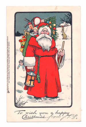 Edwardian Christmas postcard of Father Christmas with a sack full of toys on his back walking through the snow, c.1910 (colour litho)