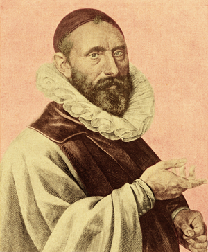 Jan Pieterszoon Sweelinck portrait after J. Muller 1624. Dutch composer, organist and harpsichordist 1535-1621. Colourised.
