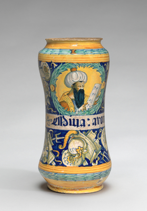 Albarello with black-bearded, turbaned physician  and trophies of arms, c.1550-75 (maiolica)