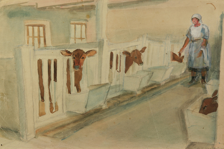 Calves in the Stable, 1931 (w/c on paper)