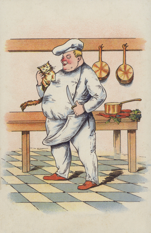 Chef and a nervous cat (colour litho)