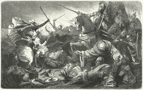 Christians fighting the Almohads at the Battle of Las Navas de Tolosa, Spain, 1212 (engraving)