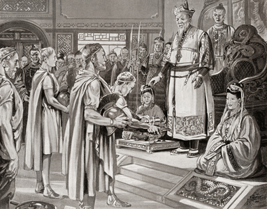 Emperor Daizong receiving envoys in court from the Byzantine Emperor, from Hutchinson's History of the Nations, pub.1915