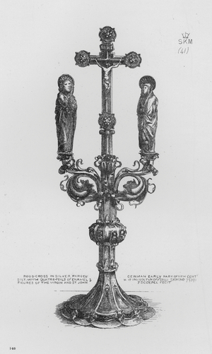 Victoria And Albert Museum: Rood-Cross in silver parcel-gilt, with quatre-foils of enamel and figures of the Virgin and St John, German, early part of 11th century (engraving)
