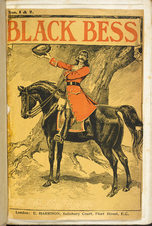 Dick Turpin on his horse, Black Bess'.
Richard "Dick" Turpin (bap. 1705 - 7 April 1739) was an English highwayman whose exploits were romanticised following his execution in York for horse theft. He was a poacher, burglar, horse thief and killer. He is also known for a fictional 200-mile (320 km) overnight ride from London to York on his horse Black Bess.