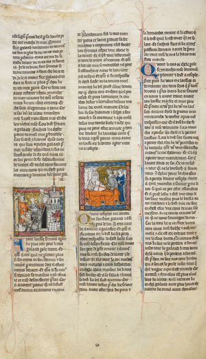 Left-hand miniature of a king supervising the building of a church; right-hand miniature of Joseph or Arimathea on his deathbed making a red cross on a white shield with his own blood as a memento for Mordrain