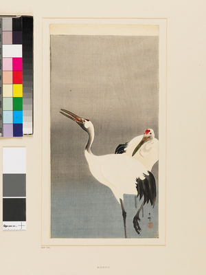 Two Japanese cranes wading in a pond, 1921 (woodcut)