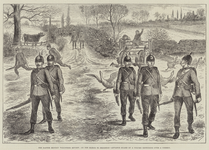 The Easter Monday Volunteer Review, on the March to Brighton, Advance Guard of a Column extending over a Common (engraving)