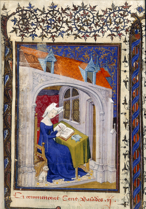 Harley MS 4431 f.004r Detail of a miniature of Christine de Pizan in her study at the beginning of the ‘Cent balades’, c.1410-14 (ink & colour on parchment)