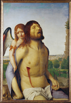 Dead Christ supported by an angel (painting on wood)