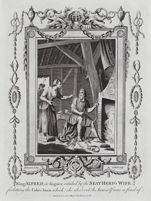 King Alfred the Great rebuked by a neatherd's wife for allowing her cakes to burn, 878 (engraving)