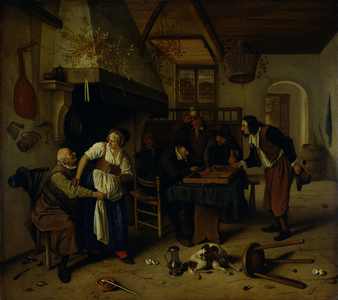 Interior of an inn with an old man amusing himself with the landlady and two men playing backgammon, 1660-1679 (oil on canvas)