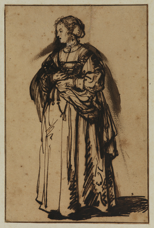 The artist's wife, Saskia, standing and holding flowers in her hands, 1638-39 (pen and brown ink)