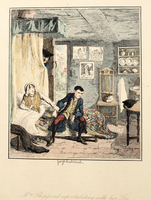 Mrs Sheppard expostulating with her son, illustration from 'Jack Sheppard: A Romance' by William Harrison Ainsworth, published 1839 (hand coloured etching)