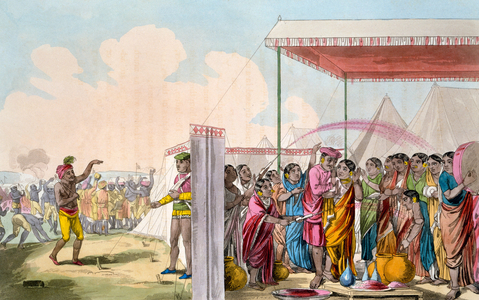 Playing the Hohlee, from 'The Costume, Character, Manners, Domestic Habits and Religious Ceremonies of the Mahrattas' by T. D. Broughton, etching by Baxter, 1813 (colour litho)