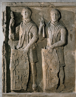 Two Roman soldiers holding shields and spears