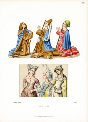 Prayer Scene and Women's Clothing in the 15th Century (chromolitho)