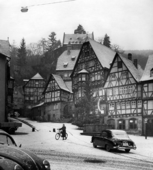 Historic old town of Miltenberg in Bavaria, 1958 (b/w photo)