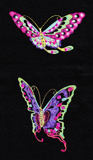 Chinese paper-cut of a two butterflies, c.1960 (hand-coloured and hand-cut)