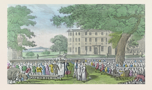 Miss Worthy's Marriage. Dr. Syntax in the Chair. Coloured Aquatint Circa 1820. Food and Drink, 19th Century, Wedding, Party, People, in the Garden, Manor House, UK, Liszt Gourmet Archive