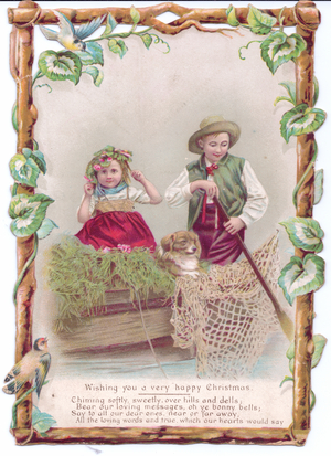 A Victorian shape-cut Christmas Card of a man and girl fishing from a boat with their dog, all enclosed in a frame made of wood branches with climbing ivy, circa 1880 (coloured lithograph)