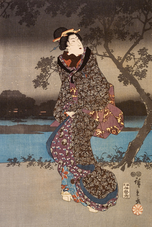 Three Beauties viewing cherry blossoms along the embankement of the Sumida River, c.1847 (woodblock print) (see also 714390 & 714392)