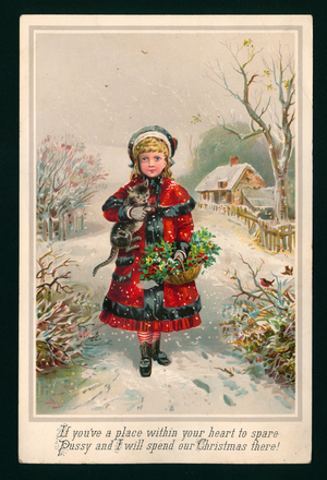 Girl and cat walking in the snow (chromolitho)