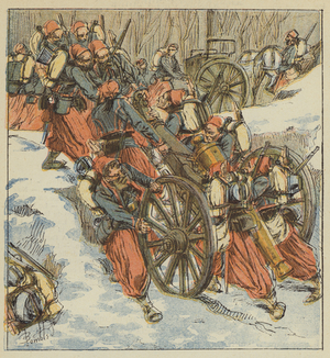 Combat de Chilleurs-aux-Bois, Les zouaves retirent deux pieces de 12 d'un fosse, sous le feu des Prussiens (colour litho)