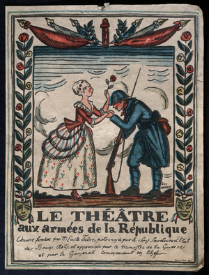 Theatre for the Armies of the Republic, French soldier kissing the hand of an actress, 1917 (colour litho)