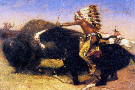 Wyoming, South of North Dakota: Plains indian on horse hunting bison, 19th century (print)
