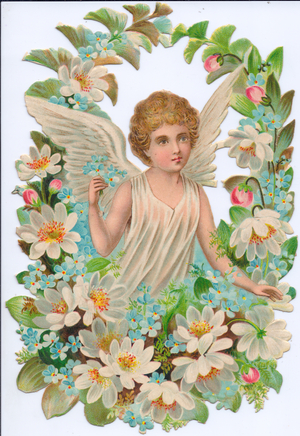 A Victorian Paper Scrap Relief of an angel in a circle of flowers, c.1880 (colour litho)