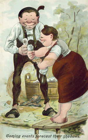 Couple wringing out the washing (colour litho)