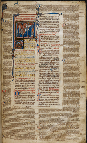 A king dictating the law to a scribe, with three clerics and a soldier