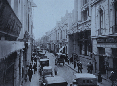 Calle Bandera, principal business thoroughfare of Santiago, Chile (b/w photo)