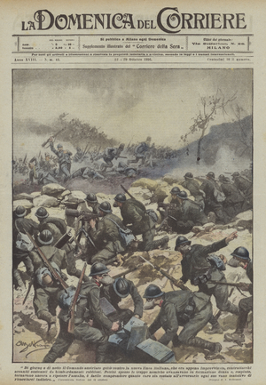 Day and night the Austrian Command threw against the new Italian line, which was just  (colour litho)