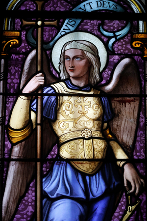 Saint Joseph Cathedral (Nha Tho Lon), Stained glass window, Saint Michael archangel, Hanoi, Vietnam (photo)