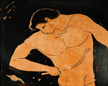 An athlete cleans his body with a strigilis (pottery)