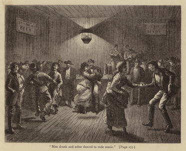 "Men drunk and sober danced to rude music" (engraving)