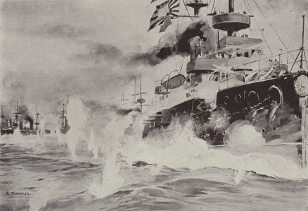 The Mikasa bravely fighting against the Russian Squadron off Port Arthur on 10 August (litho)
