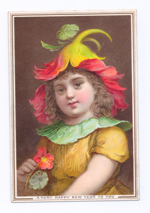 A Victorian New Year card of a girl dressed in a flower costume, c.1880 (colour litho)