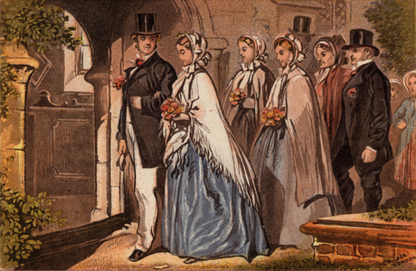 The Wedding Day: couple getting married with their guests (chromolitho)