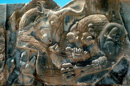 Bull and lion: Detail of carving on N wing of E stairway at palace of Persian king Xerxes I (486-465 BC) at Persepolis.